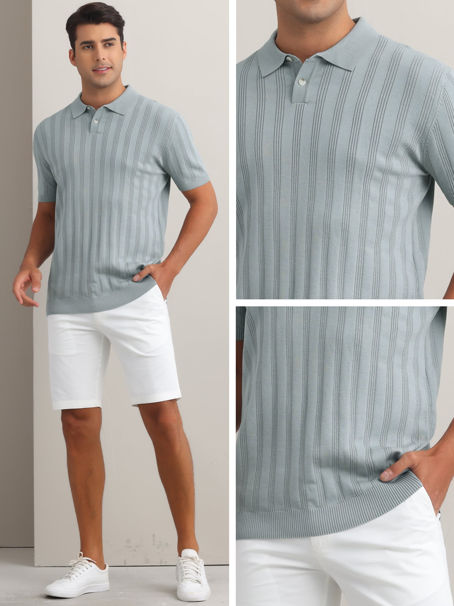 DARING DIVA Men's Short Sleeve Button Regular Fit Knit Texture Polo Shirt S Gray