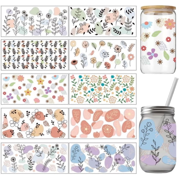 10 Sheets UV DTF Cup Wraps for 16 OZ Glass Cups 10 Styles Wildflowers Rub on Transfers PVC Transfer Stickers Waterproof Rub Decals for DIY Your Holiday Presents 24x11cm/9.4x11inch