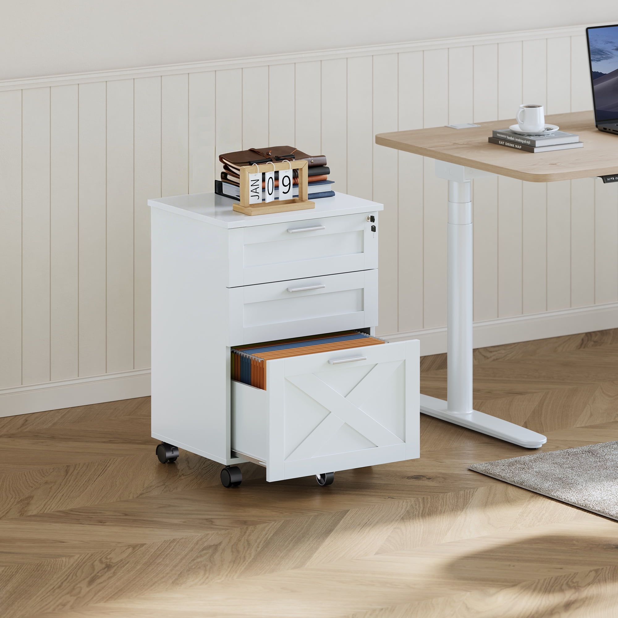 3 Drawer Locking File Cabinet with Wheels, Mobile Wooden Filing Cabinet for A4 Letter Legal Files, Rolling Under Desk Office Storage Organizer with Lock – White