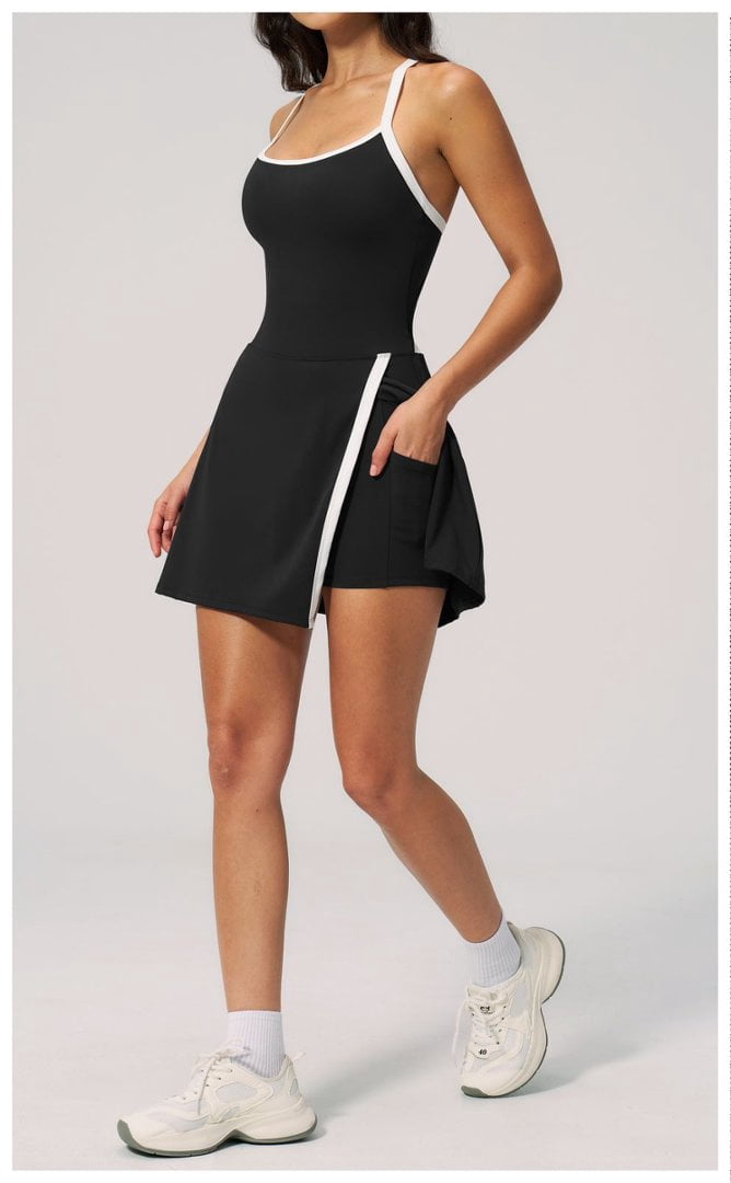 PISONIC Womens Workout Athletic Mini Dress with Built-in Shorts Sleeveless Cutout Tennis Dress