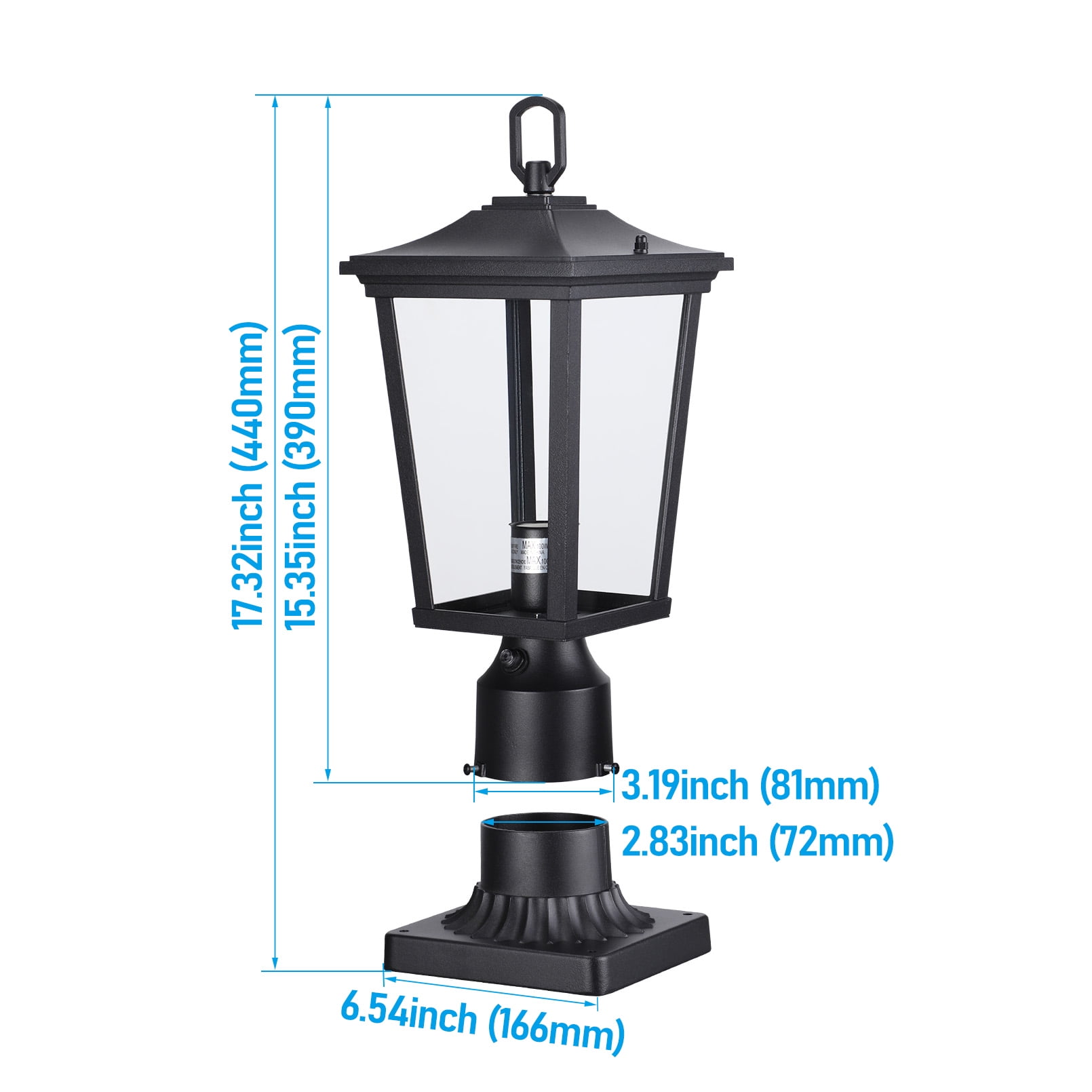 2 Pack Dusk to Dawn Outdoor Post Lantern, 17 Inch Pillar Light with Pier Mount Base, Rectangular Clear Glass Exterior Post Light for Patio, E26 Base, Black