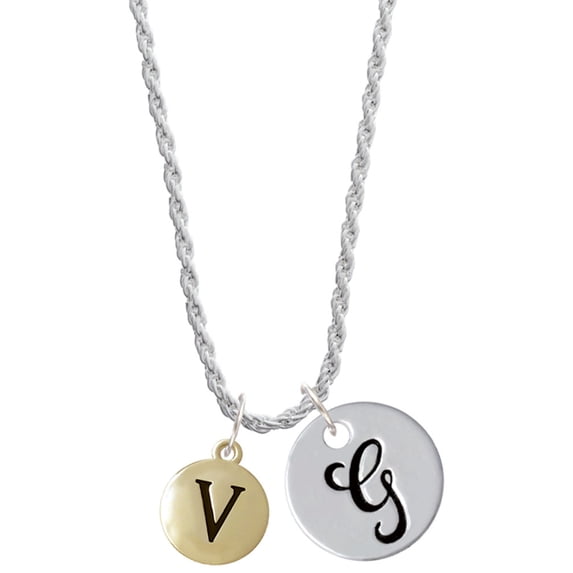 Delight Jewelry Goldtone Capital Letter - V - Pebble Disc - Silvertone Script Initial Disc - G - Charm Necklace, 20"+3"