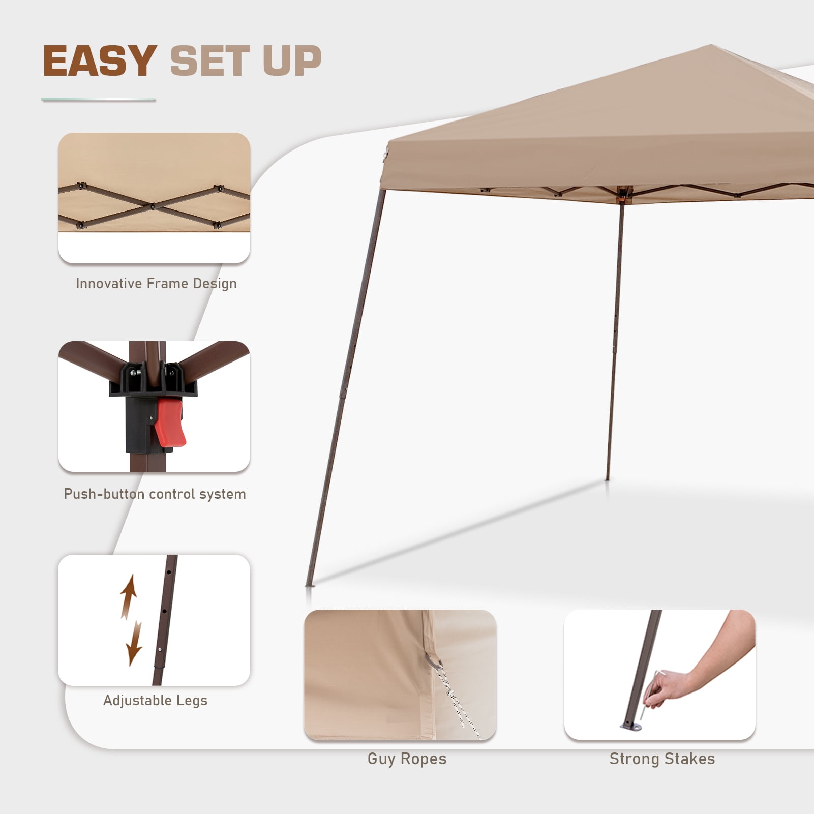 EAGLE PEAK 10x10ft Slant Leg Easy Setup Pop-up Canopy Tent with Mosquito Netting 64 Sqft of Shade, Beige