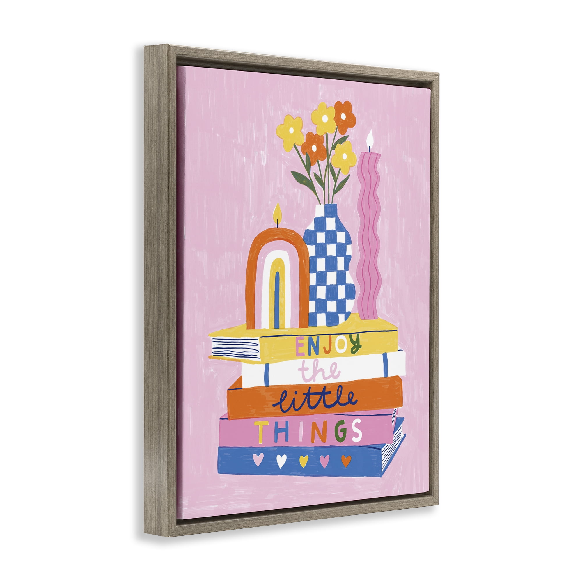 Stupell Industries Enjoy Little Things Bookstack Plants & Flowers Painting Brown Floater Framed Canvas Art Print Wall Art, 17 x 21
