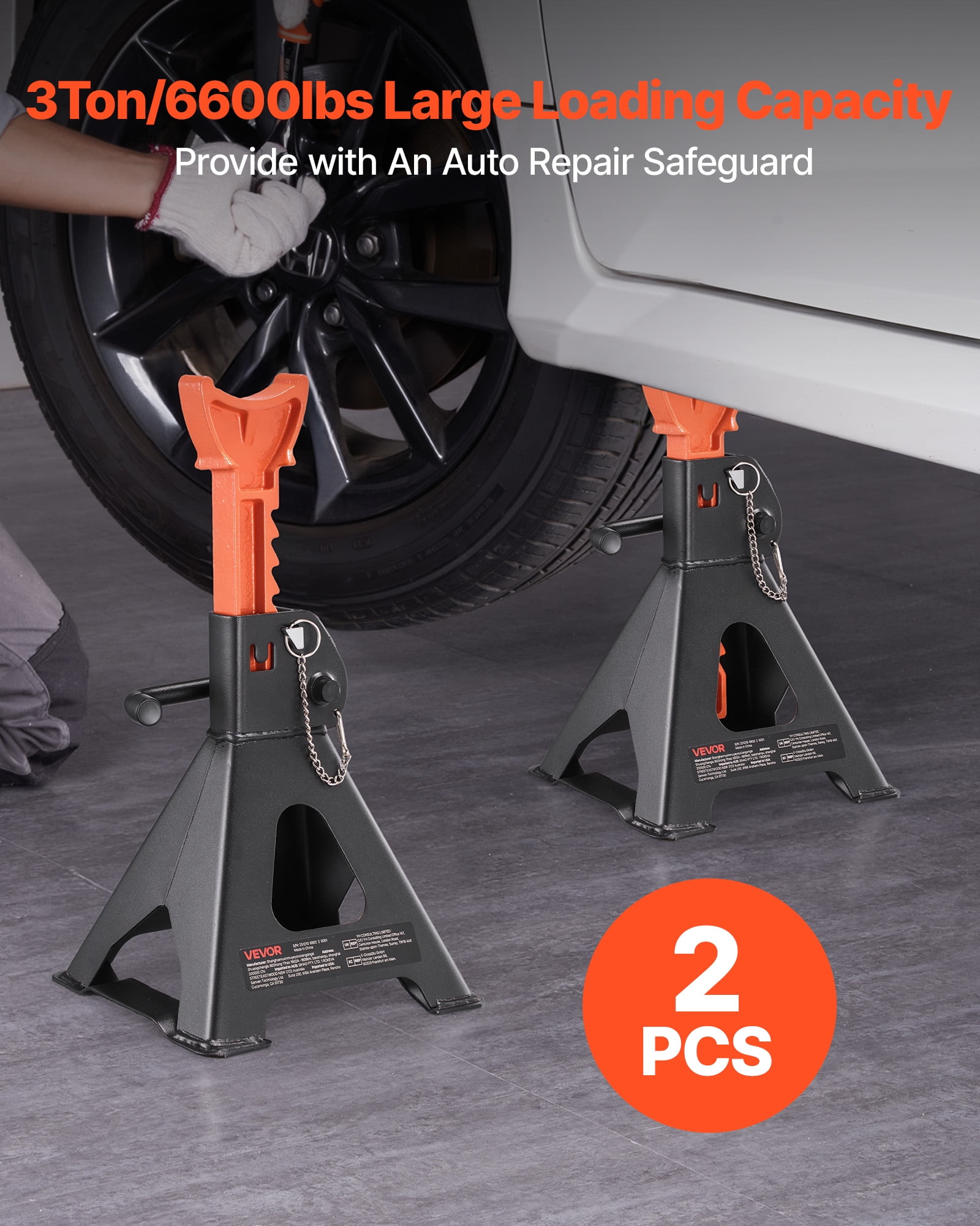 VEVOR Jack Stands, 3 Ton (6,600 lbs) Capacity, 10.8-16.3 in Adjustable Height, Heavy Duty Steel Jack Auto Stands with Double Locking, for Lifting SUV, Pickup, Car, UTV/ATV, 1 Pair, Black and Orange