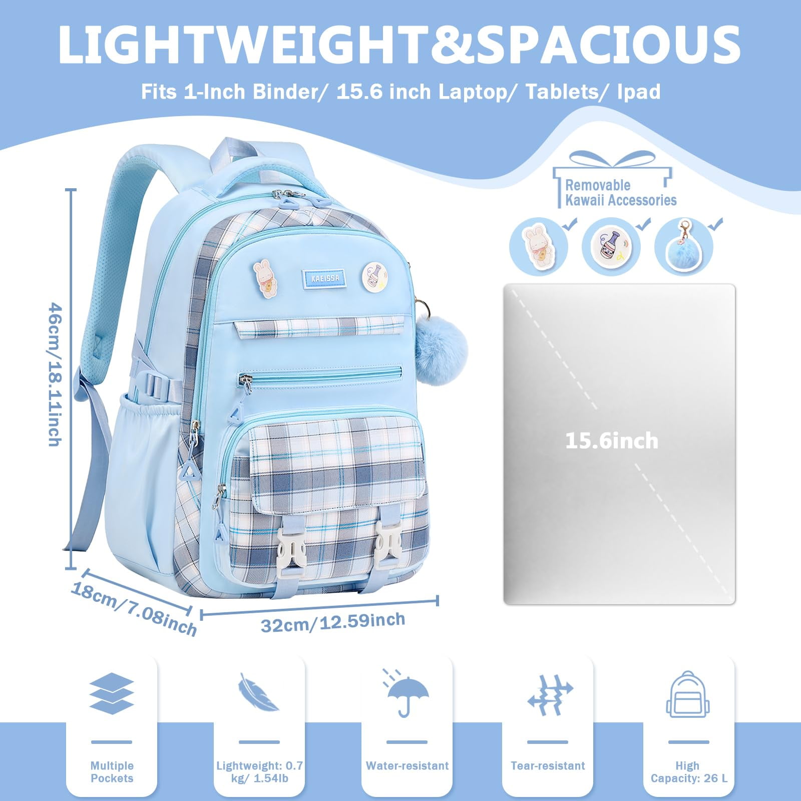 Soda Candy Girls Backpacks for School Kawaii Large Bookbag with Multiple Compartments Lightweight Casual Daypack for Teen Girls Primary Elementary Middle School College, Age 6-14, Blue