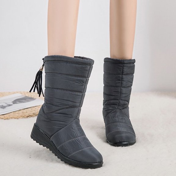 Naierhg 1 Pair Snow Boots Waterproof Plush Lined Adjustable Drawstring Tassels Solid Color Casual Winter Warm Women Mid Calf Shoes Streetwear for Home Black