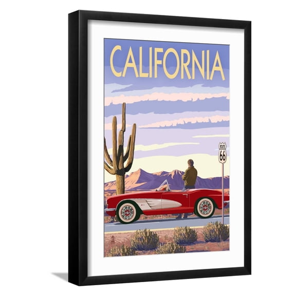 Art.com California - Route 66 - Corvette Art Print by Lantern Press, Black Frame Wall Art, 17" x 23"