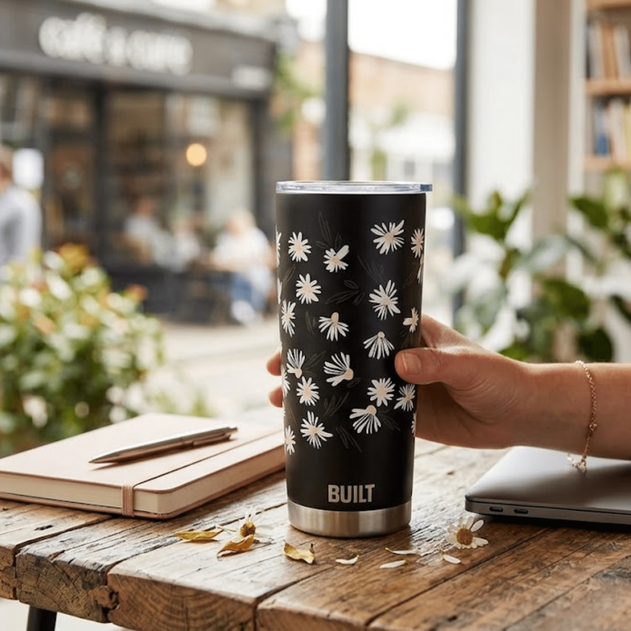 BUILT Double Wall Stainless Steel 20 oz Tumbler Black with White Floral