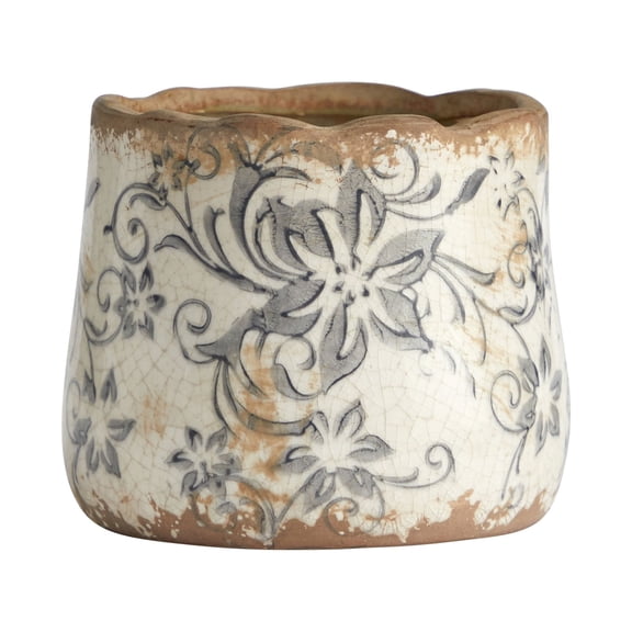 Nearly Natural 4.5" Tuscan Ceramic Gray Scroll Planter in White