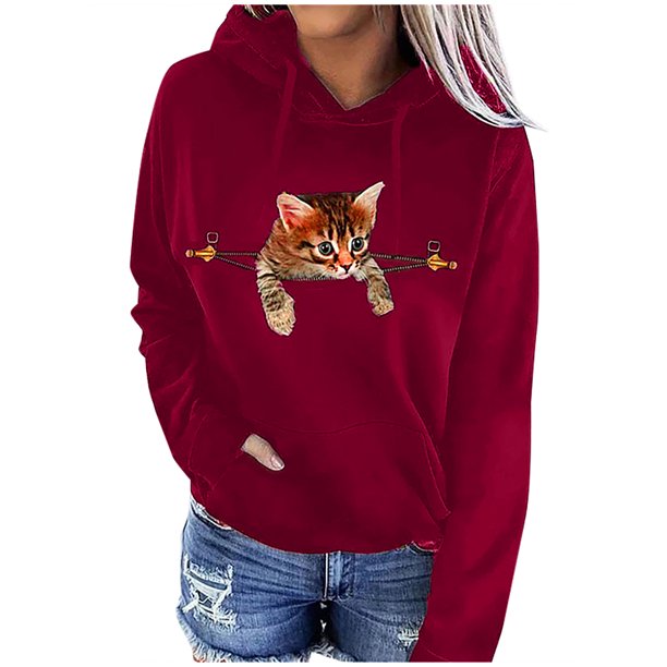 Mujeres Casual Gato Impreso Pullover Manga Larga Con Capucha Bolsillo Blusa Sudaderas Con Capucha Tops Sudaderas Fridja hkj5353