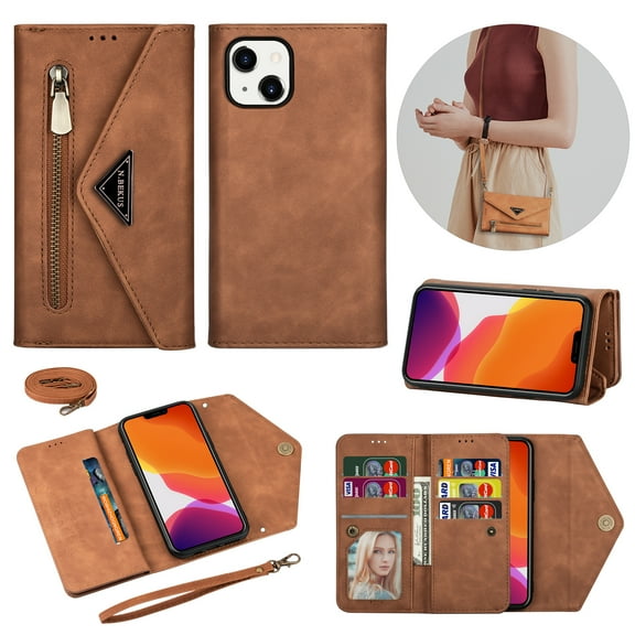 Crossbody Bag Wallet Case for iPhone 13 (6.1 Inch),for Women Men,Luxury PU Leather Zipper Pocket Magnetic Buckle Flip Stand Card Slots Purse Phone Case with Shoulder & Wrist Strap,Brown