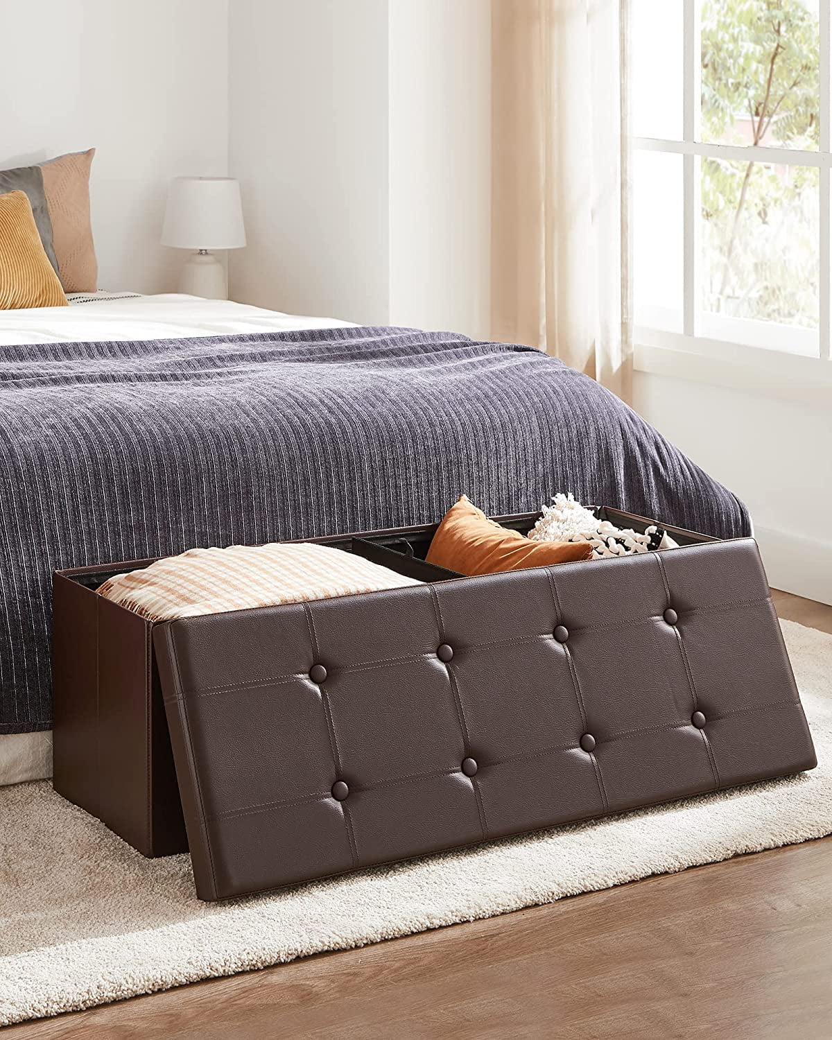 SONGMICS 43" Storage Ottoman Bench Folding Leather Ottoman with Storage Footrest Holds 660lb for Bedroom Brown