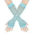 thumbnail image 2 of XMMSWDLA Rhinestone Fingerless Fishnet Gloves Long Crystal Glitter Fishnet Arm Sleeve 80s Mesh Gloves For Women Girls 1920s Accessories Mesh Gloves Light Blue, 2 of 5