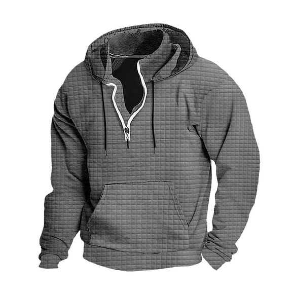 XIAONU Waffle-Knit Fleece Hoodies For Men Loose Half-Zip Pullover Top Retro Streetwear Sweatshirt With Pocket Light Gray M