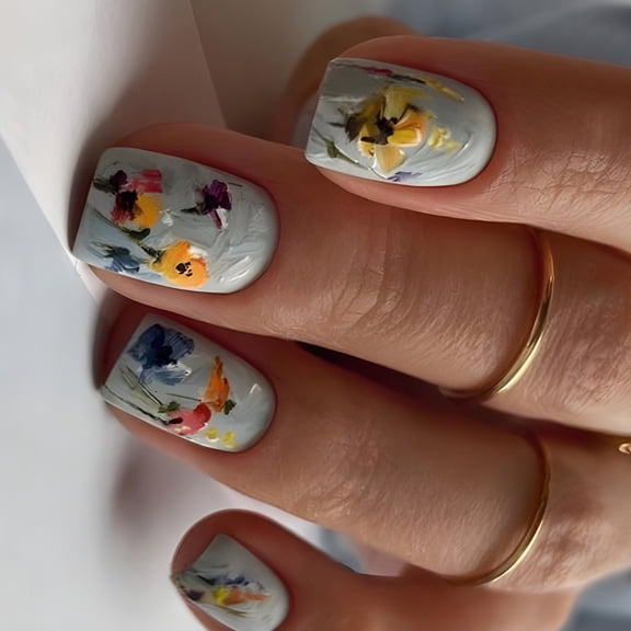 24 Pcs Reusable Full Covers on Nails Short Square False Nails 3D Flowers Spring Artificial Nails