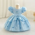 thumbnail image 2 of SERTG Little Girls' Party Dress Sheer Paneled Skirt with Back Zipper Short Sleeve Round Neck Princesse Outfit for 6 Months-4 Years(Blue,18 Months), 2 of 6