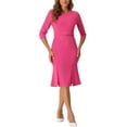 thumbnail image 1 of Vestido de tubo elegante para mujer Inspire Chic, con cuello redondo, mangas 3/4, abertura, ceñido y cinturón, color rosa intenso, 1 of 5