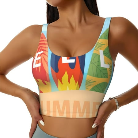 Qokaie Hello Summer3 Pattern Womens Scoop Neck Sports Bra Breathable Workout Vest Padded U Back Medium Impact Fitness Gym Yoga Bra Workout Crop Top-X-Large