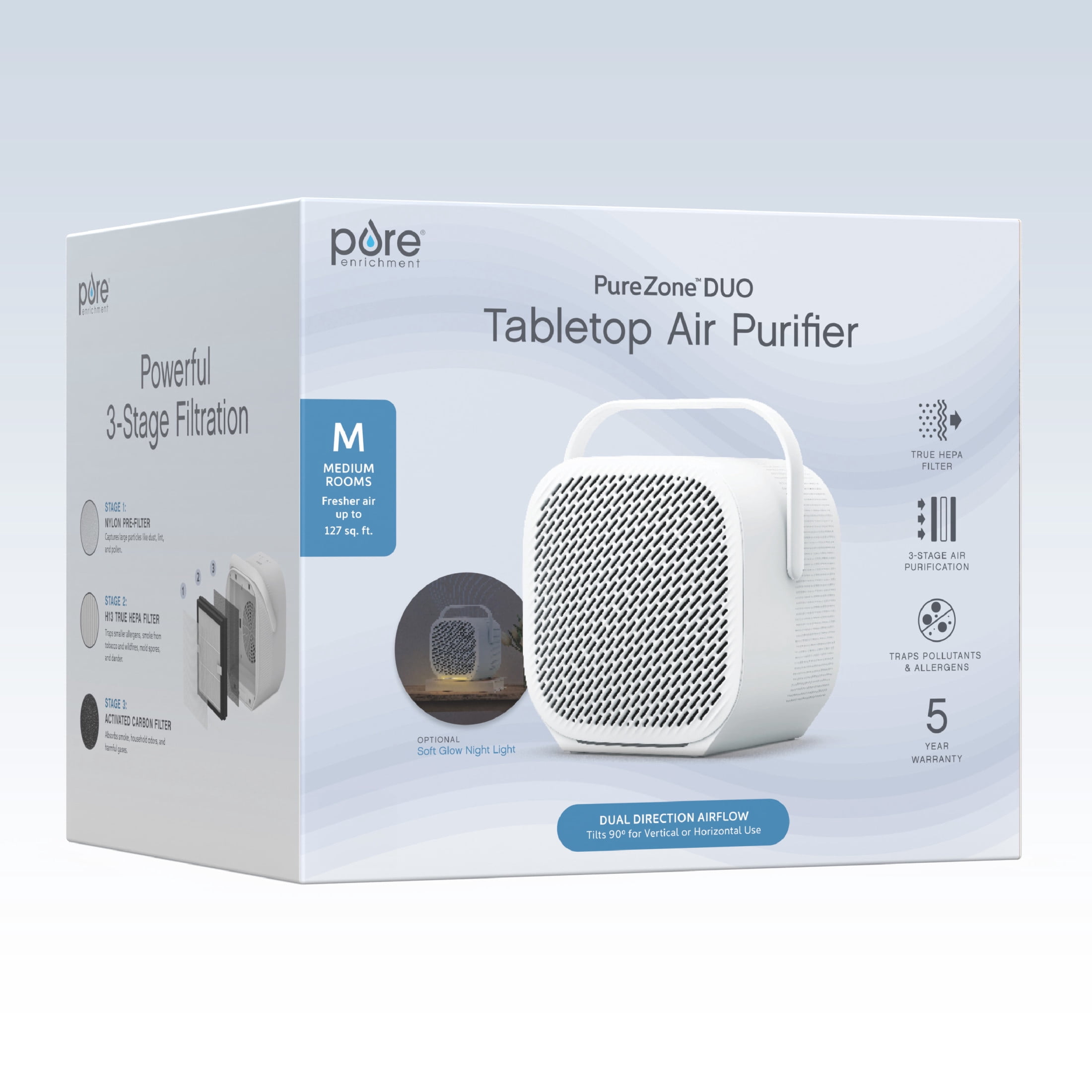 Pure Enrichment PureZone DUO 615 sq. ft. True HEPA 3-Stage Filtration Tabletop Air Purifier, White