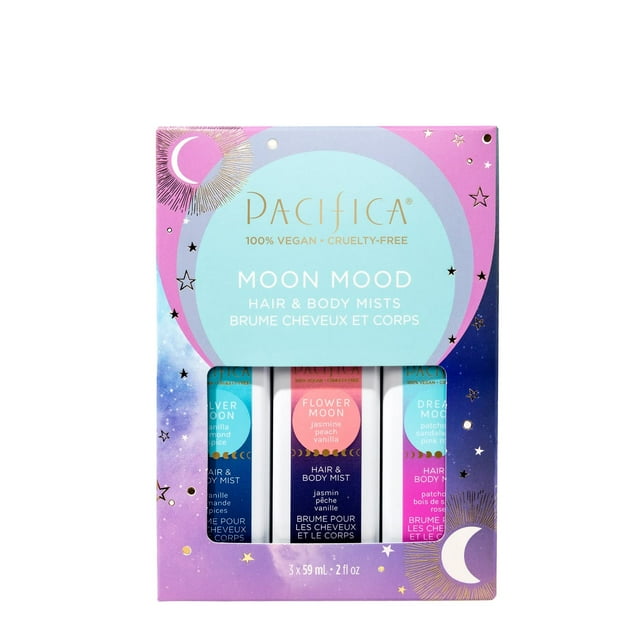 Pacifica Moon Moods Juego de prueba de niebla en aerosol para perfume para el cabello y fragancia corporal – Sueño, flor y luna plateada – Paquete de regalo Sampler Discovery – Tamaño de viaje, vegano