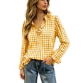 thumbnail image 3 of Checkered Jacket for Women 2026 Gingham Plaid Long Sleeve Shirts Ruffle V Neck Button Down Loose Blouse Tops with Ruffled Cuffs, 3 of 8