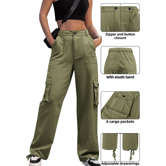 SYMOID Womens High Waisted Wide Leg Stretchy Cargo Pants with Multi-Pockets & Ankle Drawstring - Nylon-Spandex Blend, Green,Size S