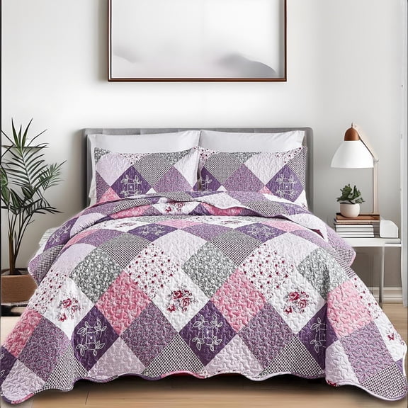 Grid Purple Patchwork Quilt Set California King Size 3Pcs Bedspread Lightweight Adult (106"x 96")