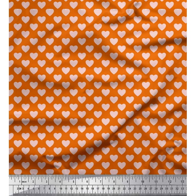 Soimoi Orange Modal Satin Fabric Pink Heart Printed Fabric 1 Yard 42 Inch Wide
