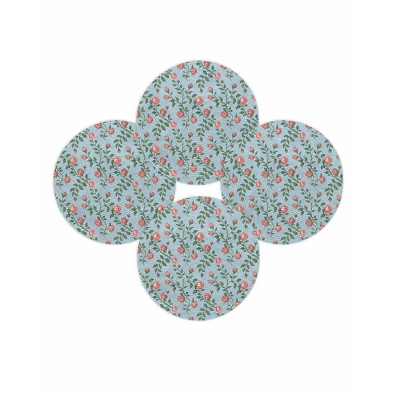 Round Placemats Set of 4 Pink Rose Place Mats Washable Woven Placemat Flower Leaves Plant Blue Circle Braided Table Mat for Kitchen Dining Table Party Home Decor 15 Inch