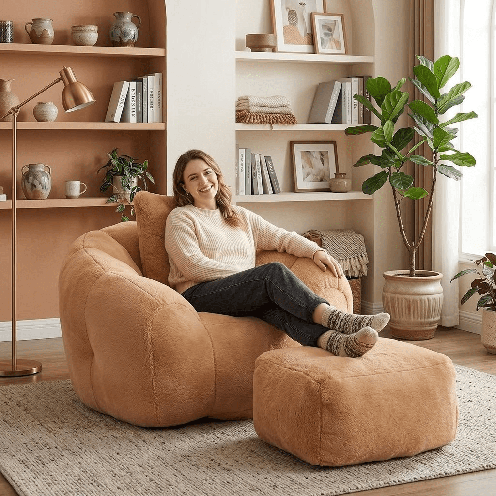 Howcool Giant Oversized Bean Bag Chair with Footstool,45.4" Faux Fur Shell-Shaped Lounge Chair,Pre-Filled Foam Floor Sofa for Adults & Kids, Comfy Gaming Reading Chair for Living Room Bedroom, Khaki