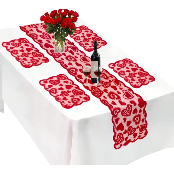 5Pack Valentines Day Decorations Valentine's Day Table Runner Red Heart Lace Table Runner for Valentines Day Decor Anniversary Engagement Wedding Home Table Romantic Decorations 13x72