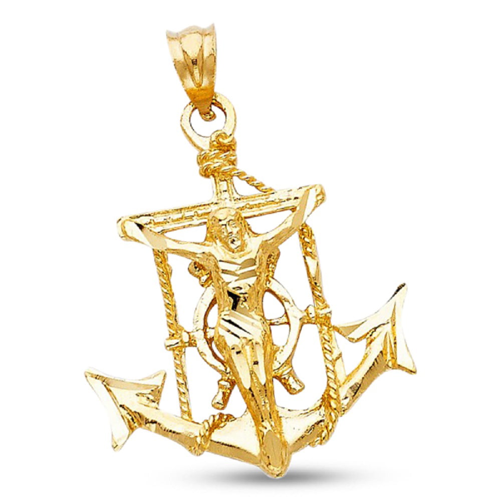 14k Yellow Gold Jesus Anchor Pendant Crucifix Charm Polished Solid Men 