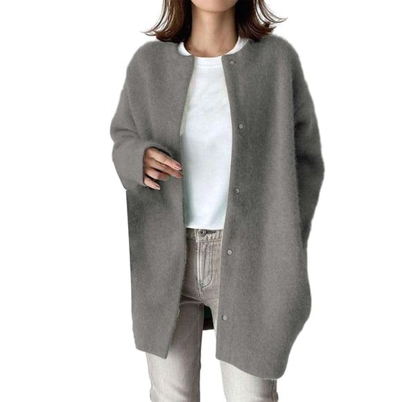 DondPO Cardigan Sweaters for Women Women's Korean Wool Coat Trench Long Coat Fall Winter Round Neck Straight Mid Long Wool Overcoat Sweaters for Women Womens Cardigans Sweaters Gray 2XL Clearance!