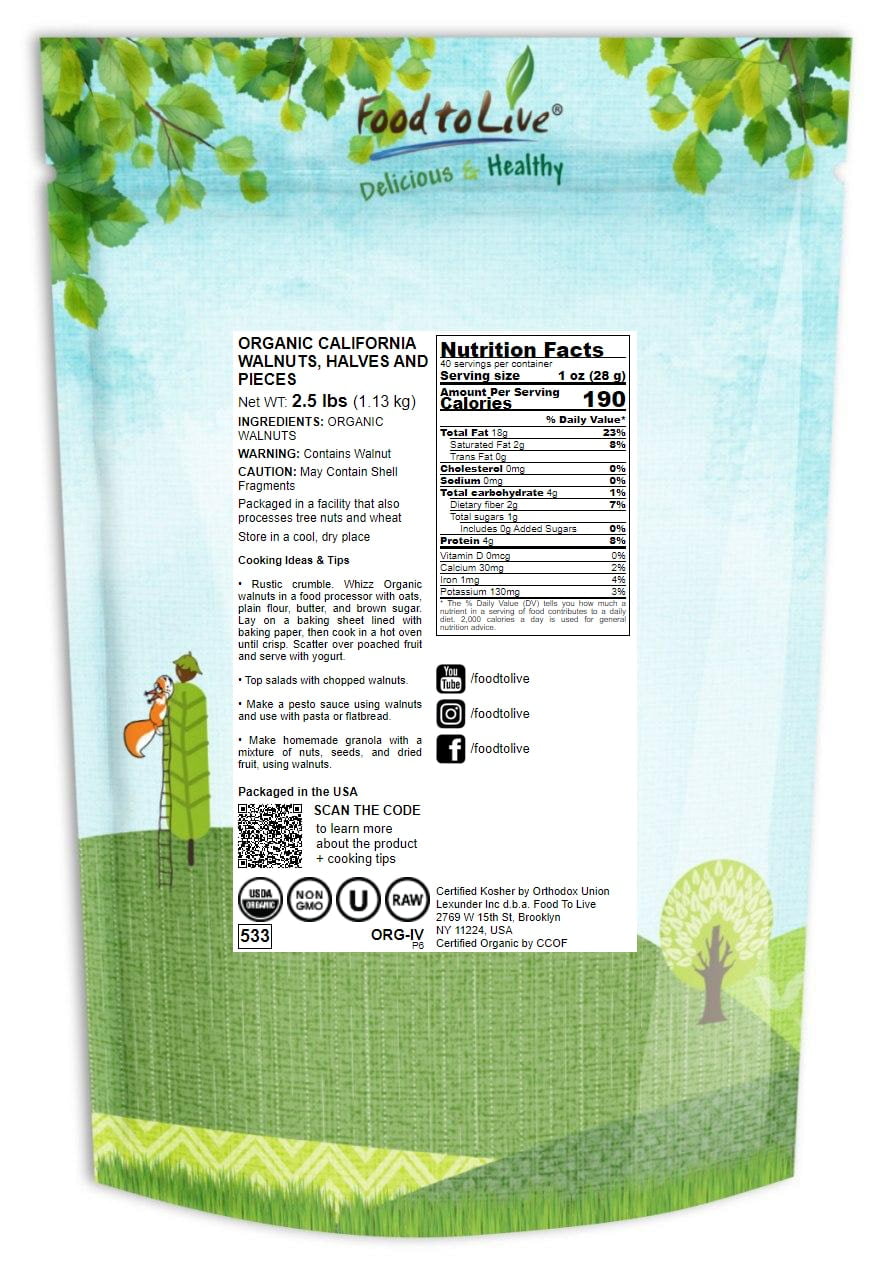 Organic California Walnuts, 2.5 Pounds — Non-GMO, Raw, Kosher, Vegan — by Food to Live