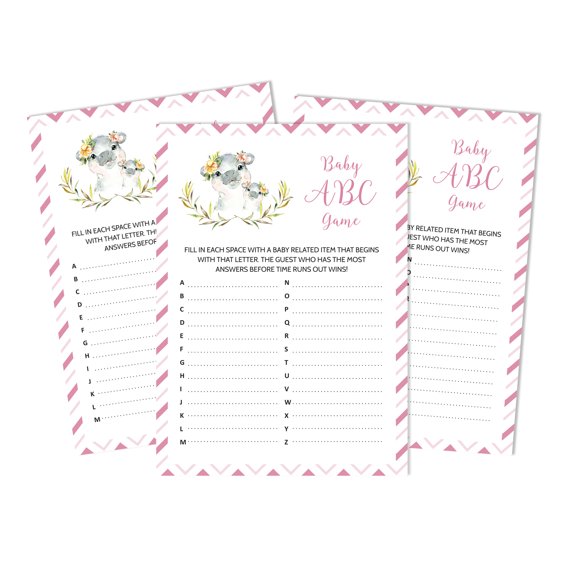 Inkdotpot Baby Shower Game Set Of 50 BabyAlphabetABCGame Hippo Girl Gender Neutral Party Supplies