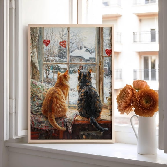 Orange Tabby And Tortie Cat Poster, Valentine'S Day Cat Art, Valentine Cat Lover Decor, Ginger Kitty And Tortoiseshell Kitty Print,, Unframed Poster Size 16x24