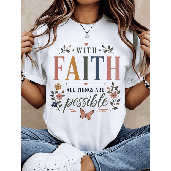 With God All Things Are Possible Floral Leopard Print T Shirt Women Christian Inspirational Quote Cute Summer Top White Casual Tee