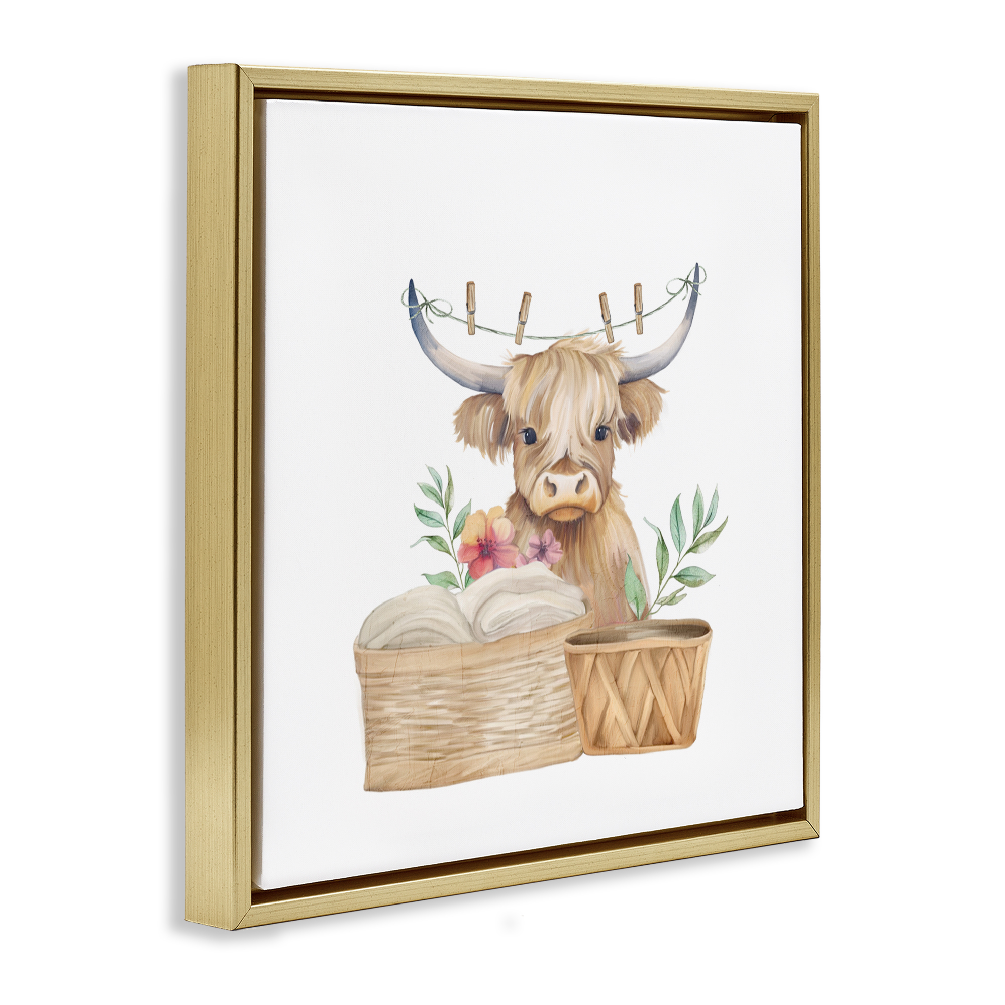 Laundry Day Baby Cattle Gold Framed Floater Canvas Wall Art, design by Kim Allen