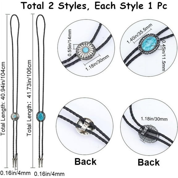 1bag 2pcs 2 style Imitation Leather Bolo Tie for Men Alloy Sweater Necklaces Turquoise Flower & Oval Lariat Necklaces Black 40.94~41.73 inch(104~106cm) 1pc/style