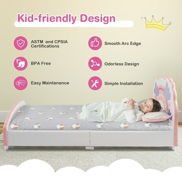Costway Kids Upholstered Platform Bed Children Twin Size Wooden Bed Rainbow  Pattern 