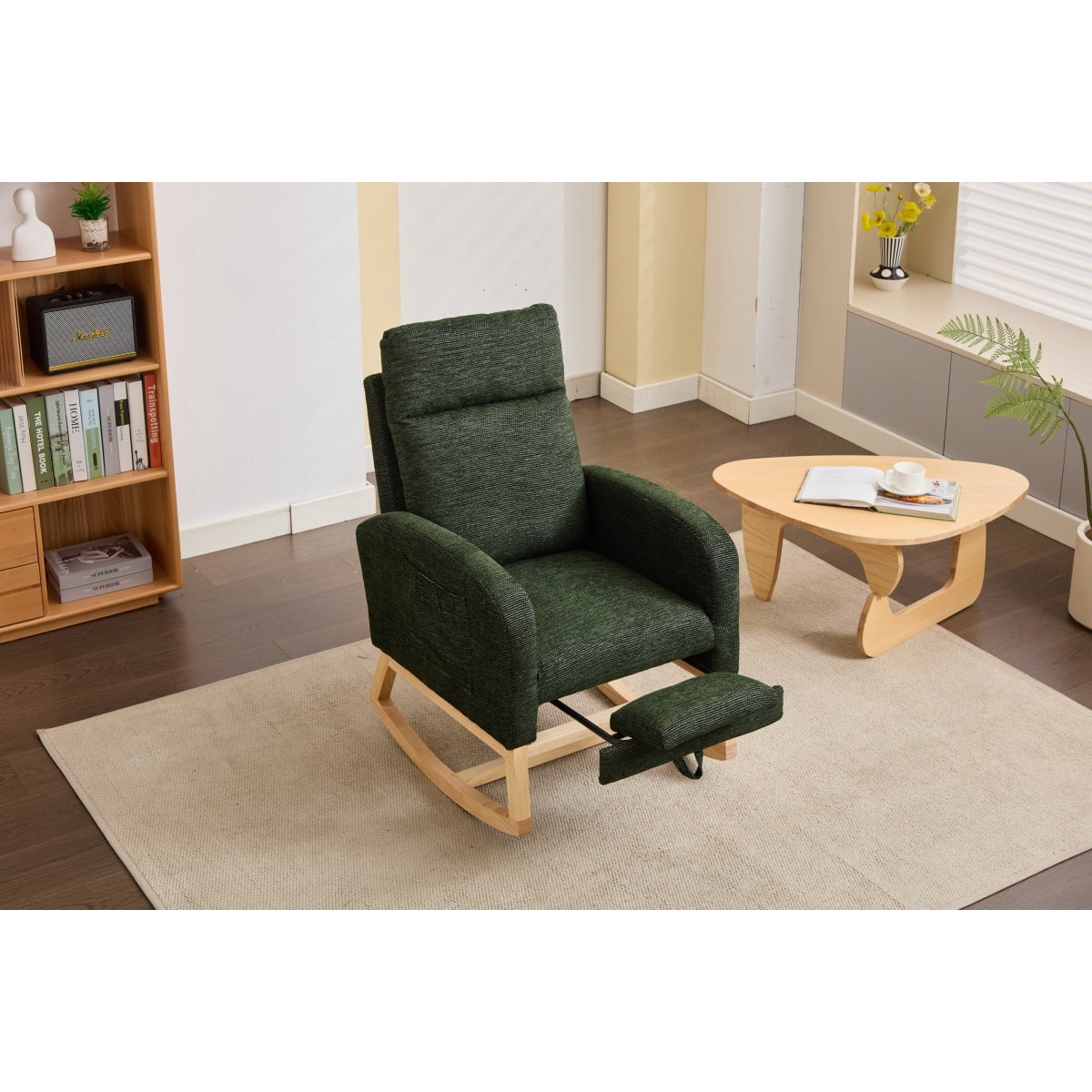 Modern Accent Rocking Chair Rocking Chair with Solid Wood Legs, Upholstered Nursery Glider Rocker, Comfy Armchair with Side Pocket, Living Room Lounge Arm Chair with High Backrest fabric BN.7336