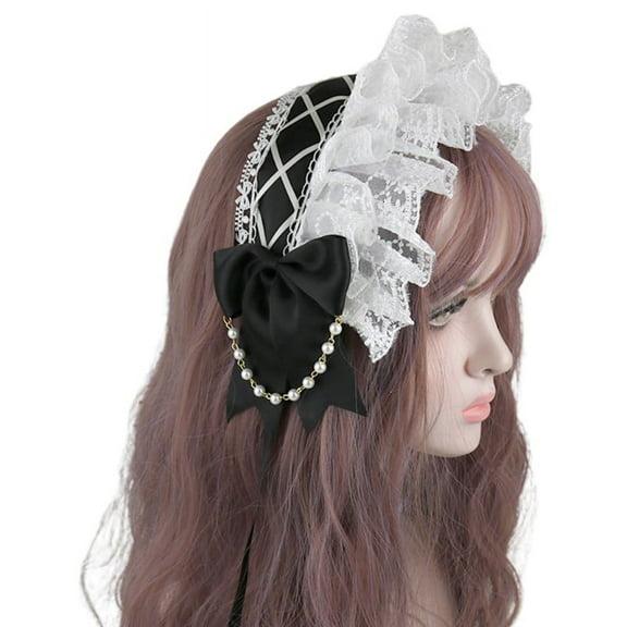 Women Ruffled Lace Headbands Japanese Style Crisscross Ribbon Bowknot Maid Hair Band Pearls Chain Hair Accessory