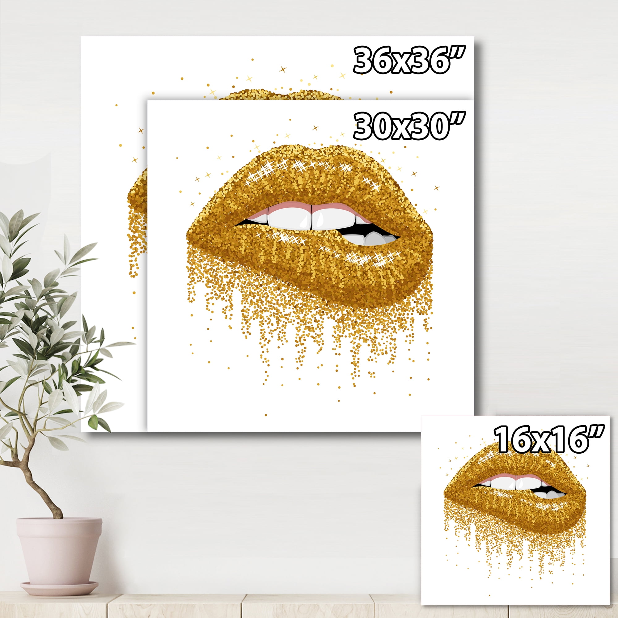 Designart ' Girl Lips With Glitter Gold Sparkles ' Modern Canvas Wall Art Print