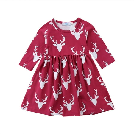 

Christmas Toddler Girls Dress Deer Head Printed Long Sleeve Casual Party Princess Dress