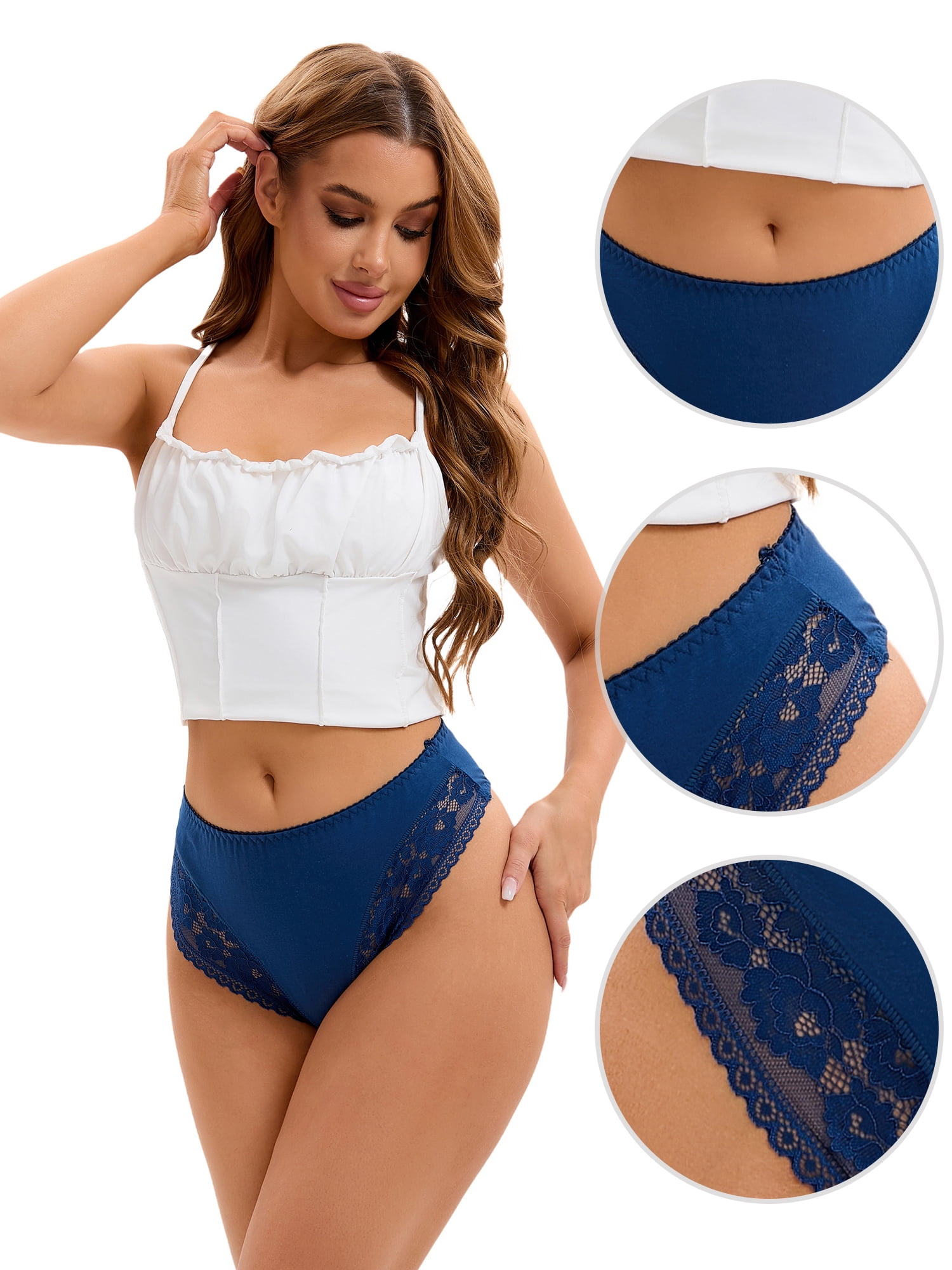 DARING DIVA Women's Lace Trim Lightweight Panties Mid-Waisted Thongs Briefs Blue XXL
