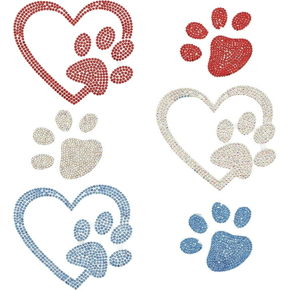 6 Pcs Rhinestone Heart Paw Print 2 Style Self-Adhesive Stickers Bling Car Sticker with Plastic Box for Decorating Cars Bumper Window Laptops Luggage (Blue Red Off-White) Colorful