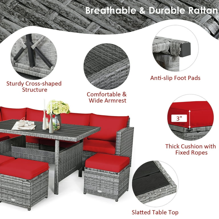 Costway 7 PCS Patio Rattan Dining Set Sectional Sofa Couch Ottoman