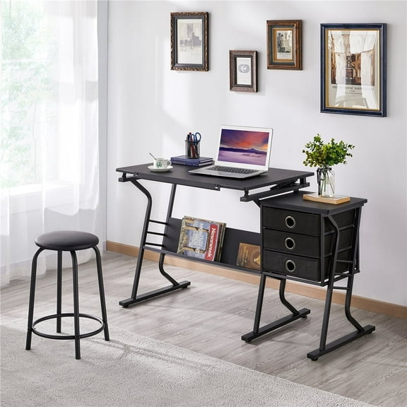 Topeakmart Powder-Coated Steel Adjustable Height Drafting Table with Side Countertop, Black