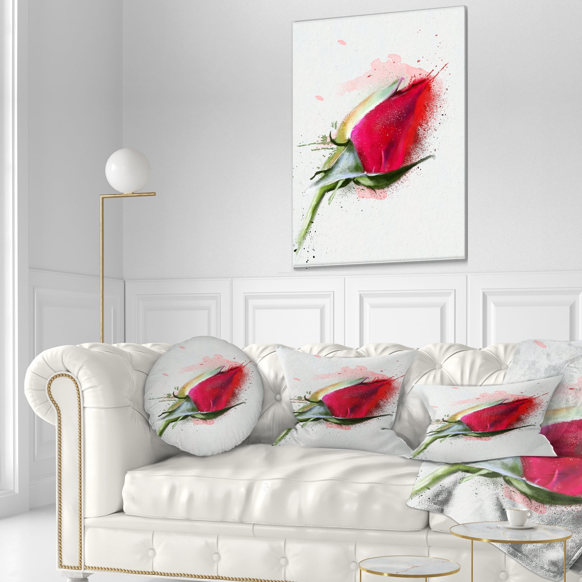 Designart Red Rose Bud Watercolor Sketch - Flowers Throw Pillowwork - 12x20